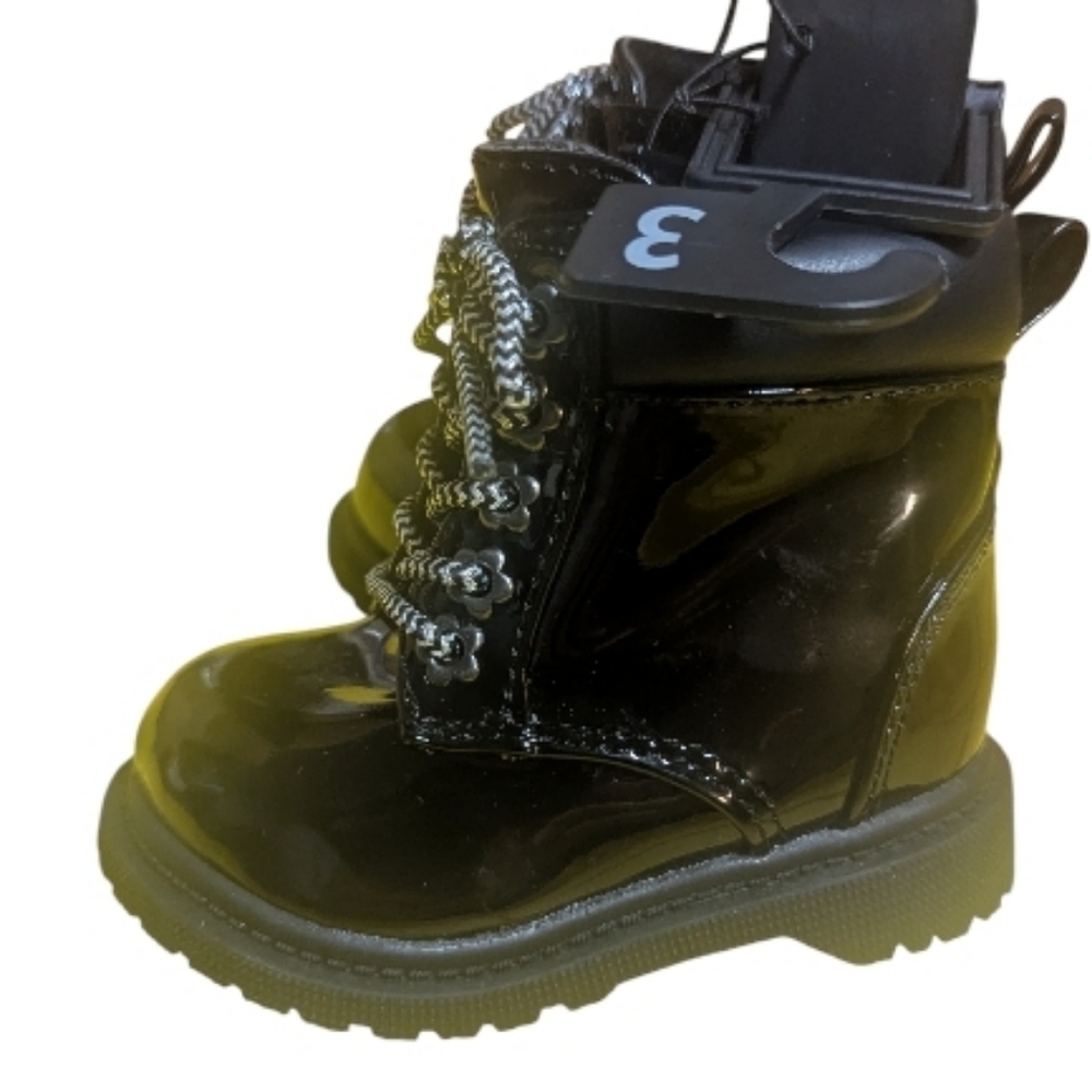 Wonder Nation Baby Girl Fashion Combat Boots Shoes Sz 3 Shiny Black Zip Up